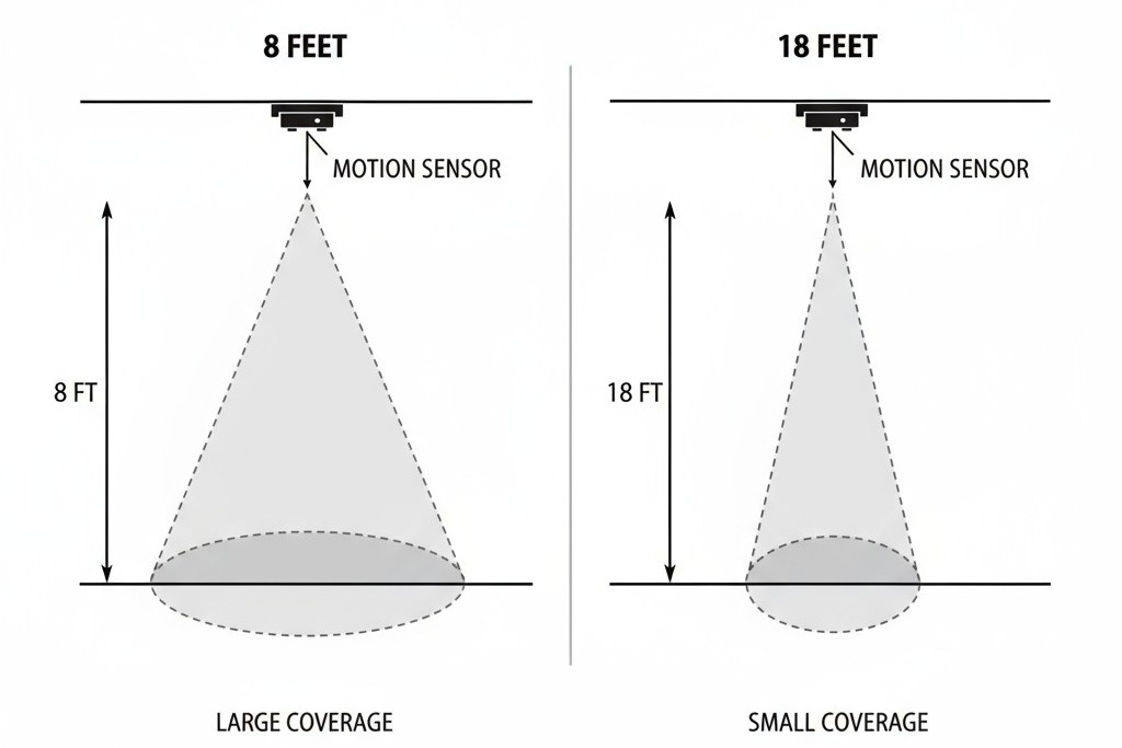 Cobertura del sensor de movimiento a diferentes alturas de techo Diagrama que compara la cobertura del suelo del sensor de movimiento desde un techo de 8 pies frente a uno de 18 pies, mostrando una cobertura significativamente reducida a mayor altura.
