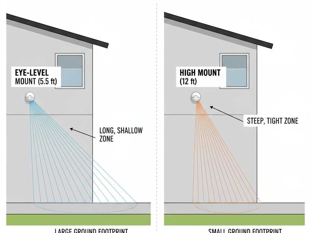 一張圖比較了低掛傳感器的長偵測範圍與高掛傳感器的緊湊、集中範圍。
