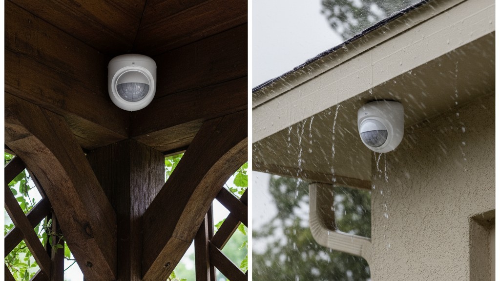 Una imagen dividida que muestra un sensor de movimiento seguro bajo un porche profundo por un lado, y otro expuesto a la lluvia bajo un alero poco profundo por el otro.