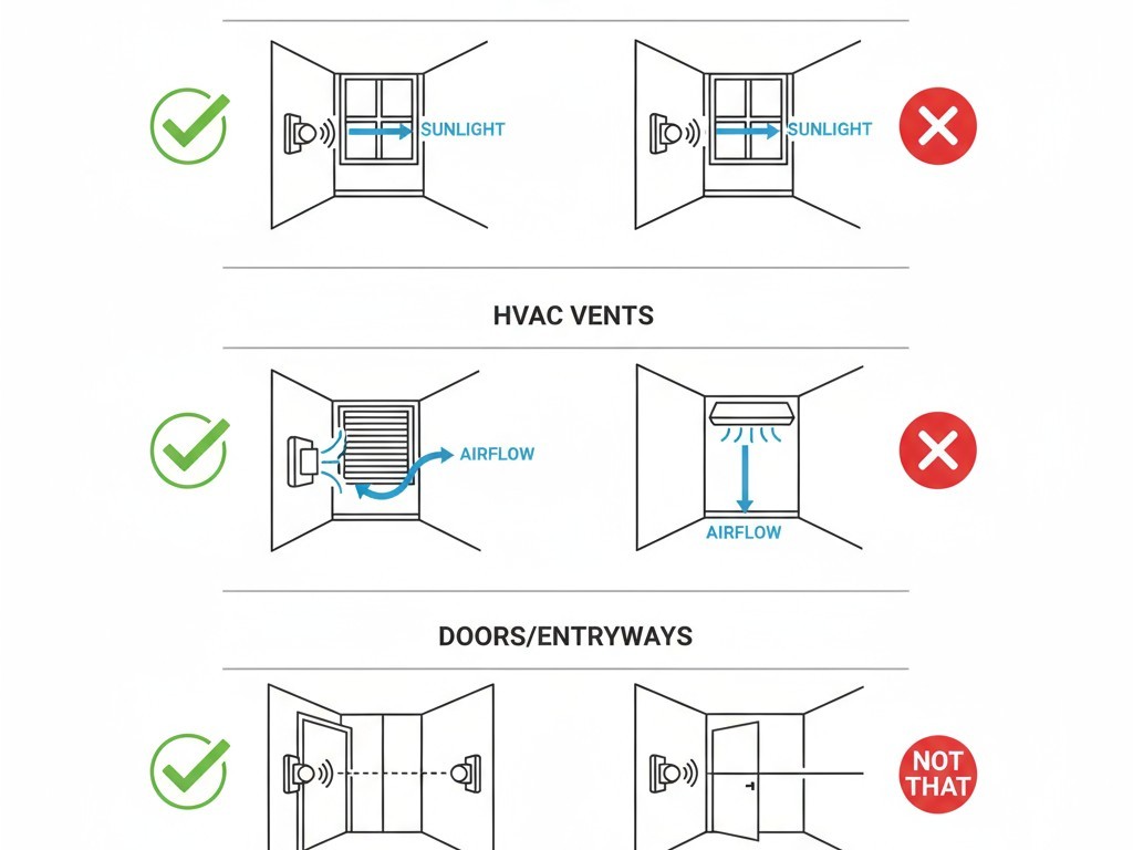 ผังวางตำแหน่งเซ็นเซอร์การเคลื่อนไหวที่เหมาะสม สามภาพวาดเล็กๆ แสดงการวางตำแหน่งเซ็นเซอร์การเคลื่อนไหวที่ถูกต้อง: ห่างจากหน้าต่างที่มีแดด สายพานลม และตั้งฉากกับประตู