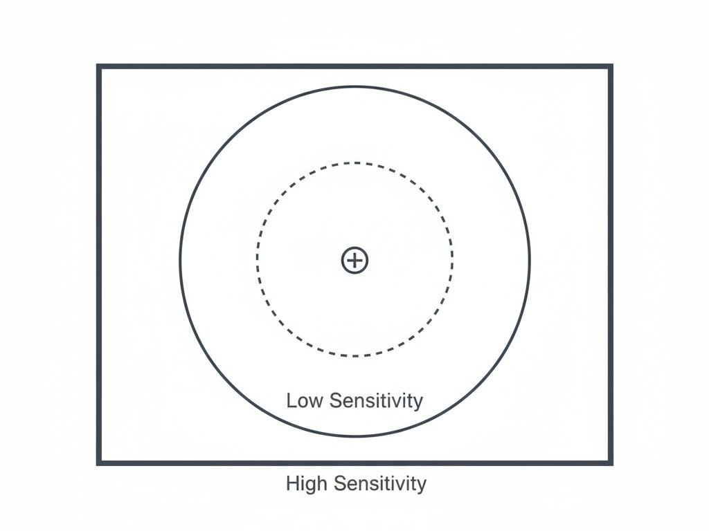 Un diagrama que muestra cómo una sensibilidad baja crea una pequeña zona de detección y una sensibilidad alta crea una gran zona de detección en una habitación.