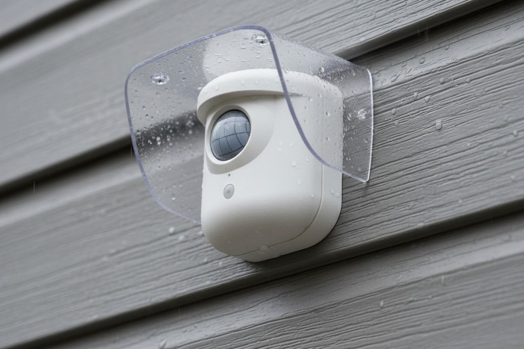 Un sensor de movimiento en una pared exterior tiene una pequeña capucha de plástico montada encima para protegerlo de la lluvia.