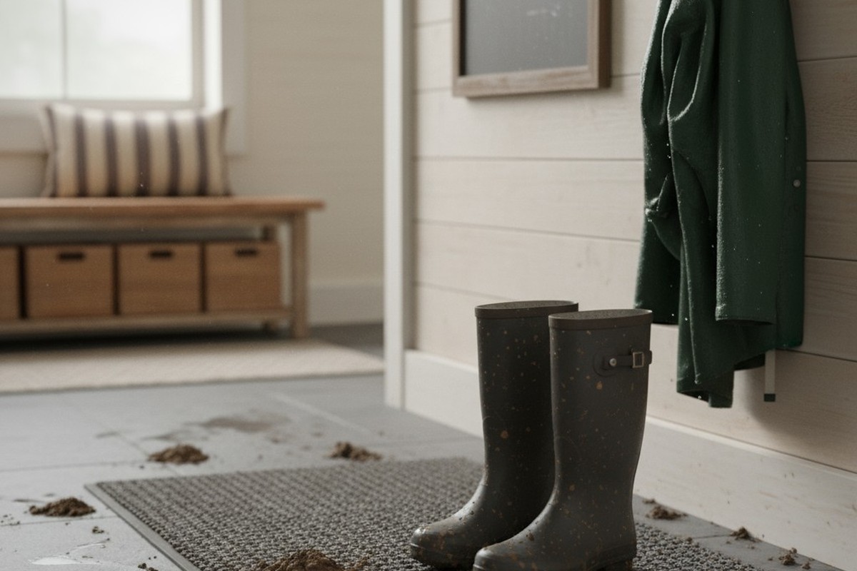 A pair of dark, muddy rain boots sits on a gray floor mat next to a damp green raincoat hanging on a hook. The surrounding tile floor has damp patches.