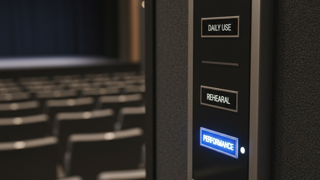A Multi-Mode Lighting Control Panel for a Theater A close-up of a modern keypad on a wall with selectable buttons for different lighting modes, such as 'Rehearsal' and 'Performance'.