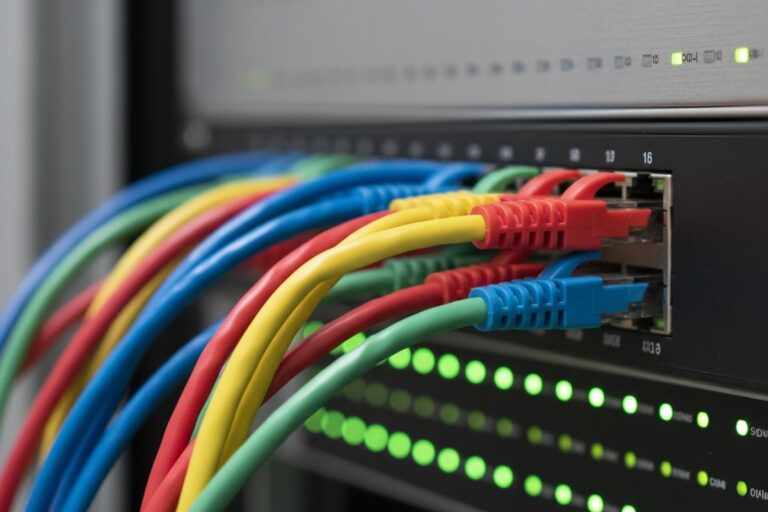 Foto makro menunjukkan seikat kabel Ethernet berwarna-warni yang tersambung ke panel jaringan, dengan buram lembut peralatan server dan lampu hijau di latar belakang.