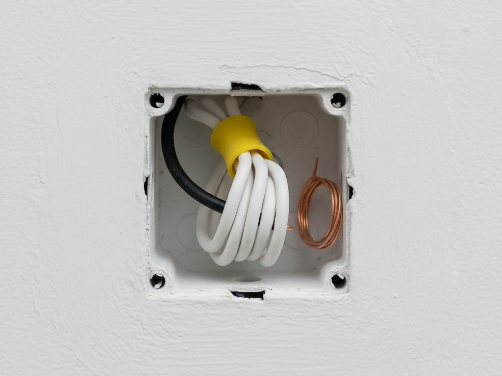 Kotak saklar listrik terbuka yang dipasang di dinding, menunjukkan kawat hitam, putih, dan tembaga. Sekelompok kawat netral putih terlihat jelas terselip di belakang kotak.