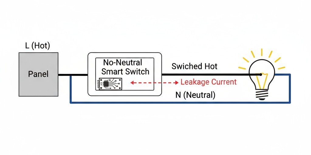 Un diagrama de cableado que muestra la trayectoria de corriente de fuga que alimenta un interruptor sin neutro mediante el flujo a través del accesorio de luz conectado.