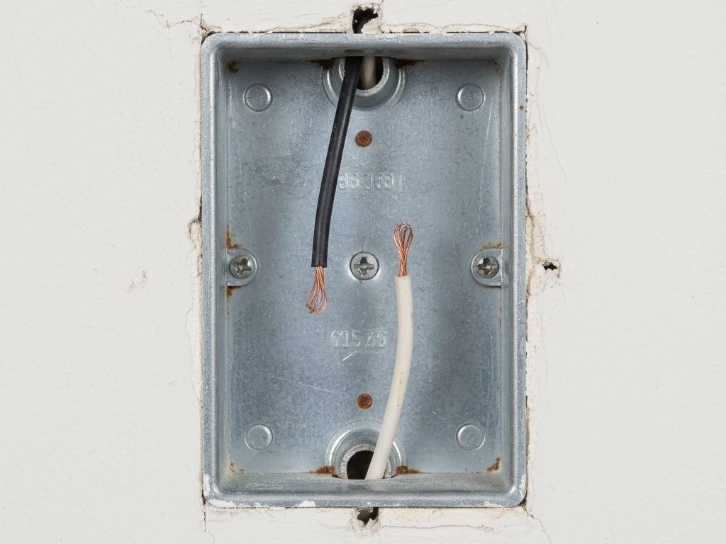 Una caja eléctrica abierta que muestra un interruptor de luz con solo dos cables conectados, ilustrando una configuración de cableado sin neutro en una vivienda antigua.