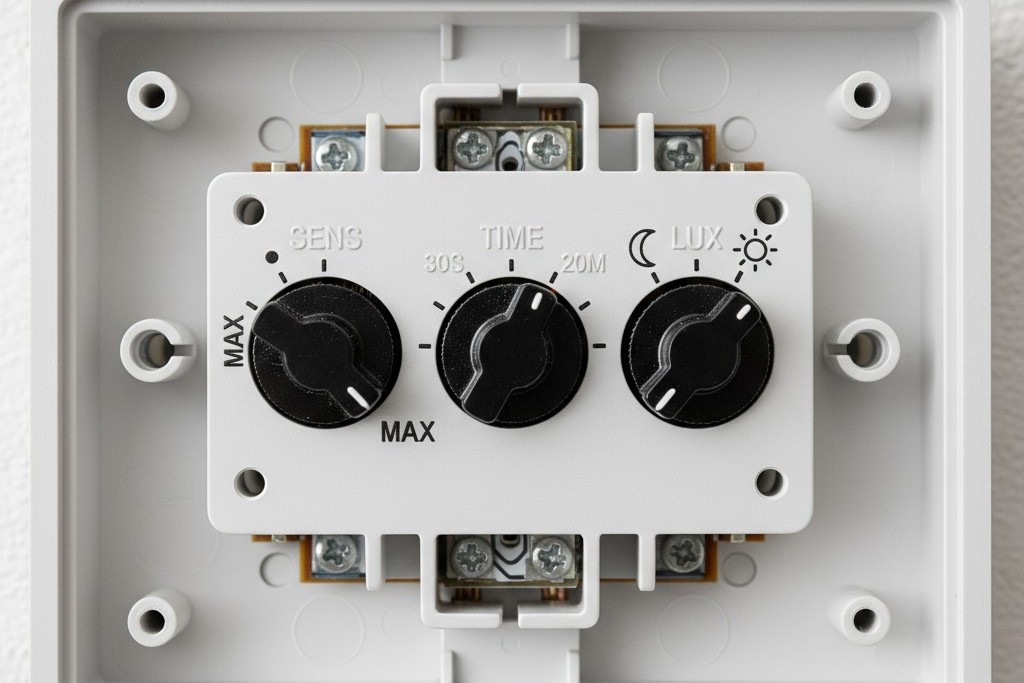 A close-up of the adjustment dials on a wall-mounted occupancy sensor labeled Time, Light, and Sens.