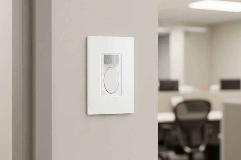 A white occupancy motion sensor light switch is installed on a neutral-colored, textured office wall next to a metal door frame.