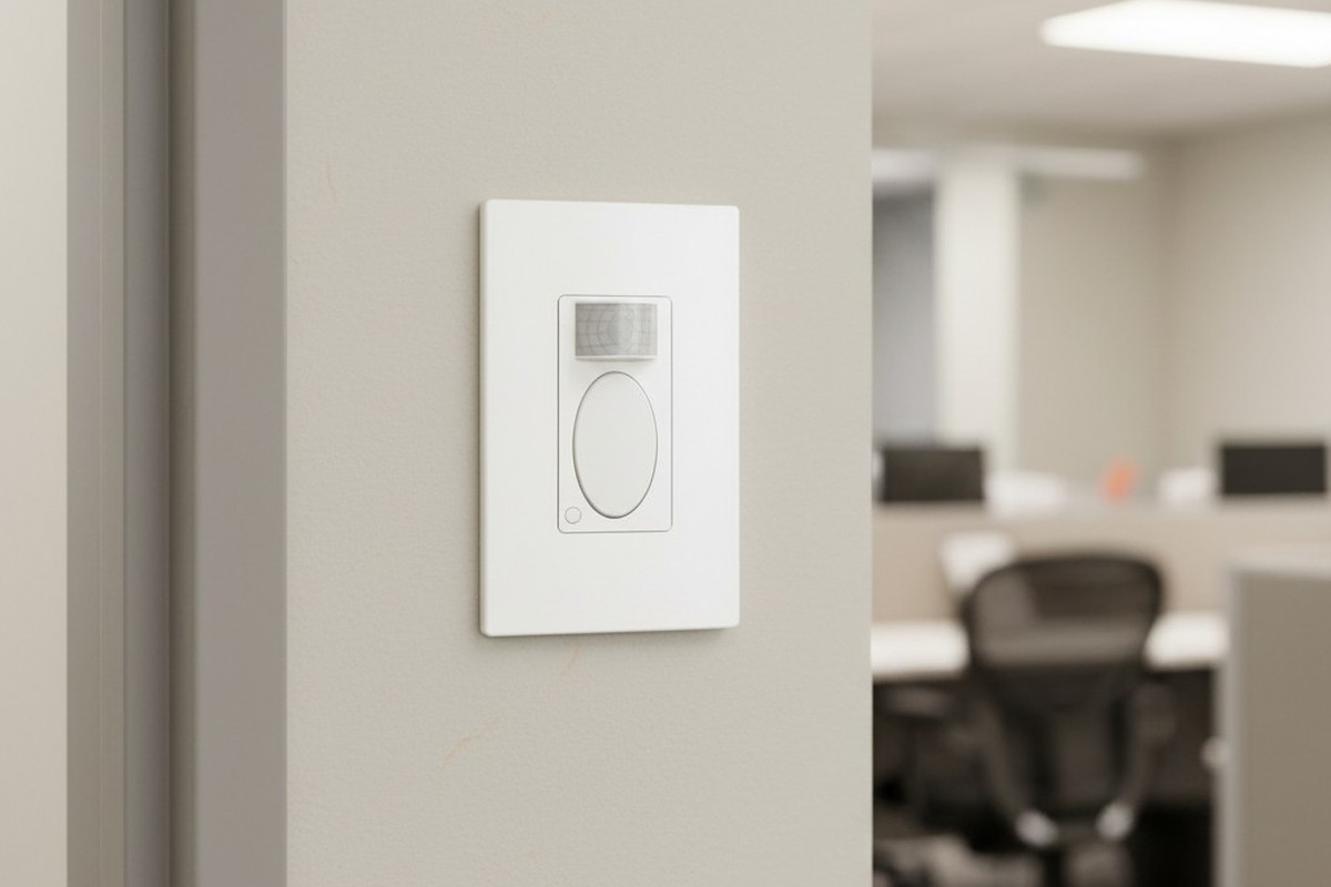 A white occupancy motion sensor light switch is installed on a neutral-colored, textured office wall next to a metal door frame.