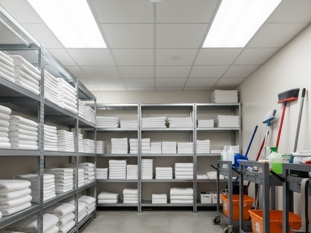 Occupancy Sensor in a Hotel Back-of-House Area A ceiling-mounted occupancy sensor in a well-organized hotel storage closet filled with linens and cleaning supplies.