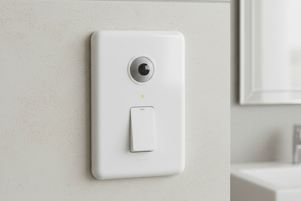 مُقربة لمفتاح حائط حديث مع عدسة حساس حركة، يُستخدم للتحكم في مروحة الحمام.