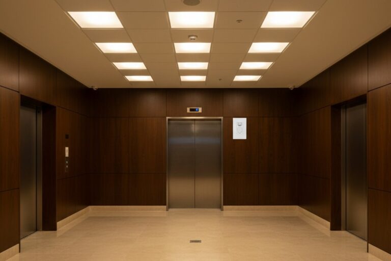 Een lege, luxe kantoorlift lobby 's nachts wordt verlicht door een zachte, warme gloed van uniform gedimde LED-paneelverlichting. Een kleine, witte bewegingssensor is zichtbaar op een plafondtegel.