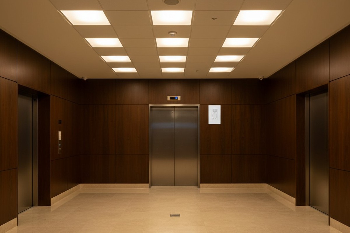 Een lege, luxe kantoorlift lobby 's nachts wordt verlicht door een zachte, warme gloed van uniform gedimde LED-paneelverlichting. Een kleine, witte bewegingssensor is zichtbaar op een plafondtegel.