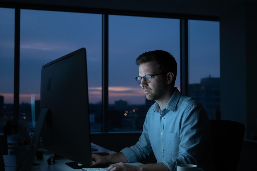 Işıklar kapandıktan sonra Karanlıkta Ofis Çalışanı Bir kişi, modern bir ofiste masasının başında oturuyor, odaklanmış durumda, sadece monitörüyle aydınlatılan, tavan ışıkları kapandıktan sonra.