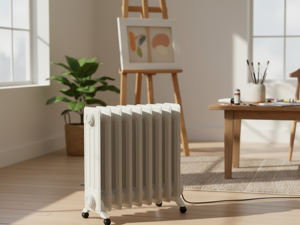 Un radiador relleno de aceite en la esquina de un estudio tranquilo, ideal para espacios que necesitan calor constante.