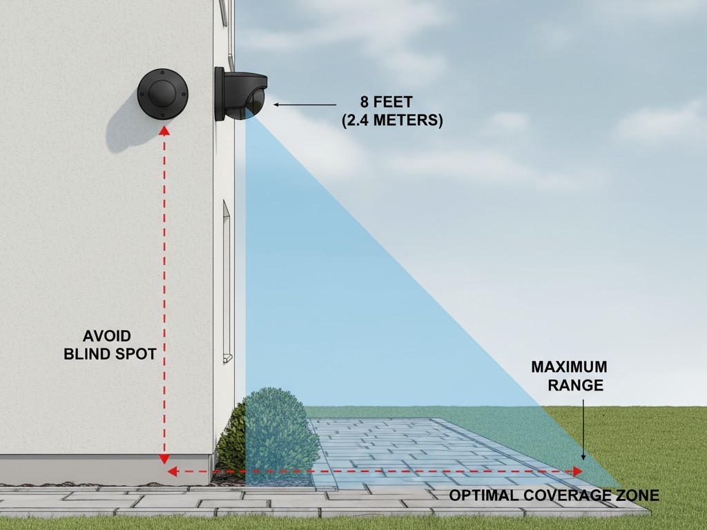 Montaje óptimo para un sensor de movimiento exterior Un diagrama que muestra la colocación correcta de un sensor de movimiento en una pared exterior, inclinado hacia abajo para cubrir eficazmente un área de patio.
