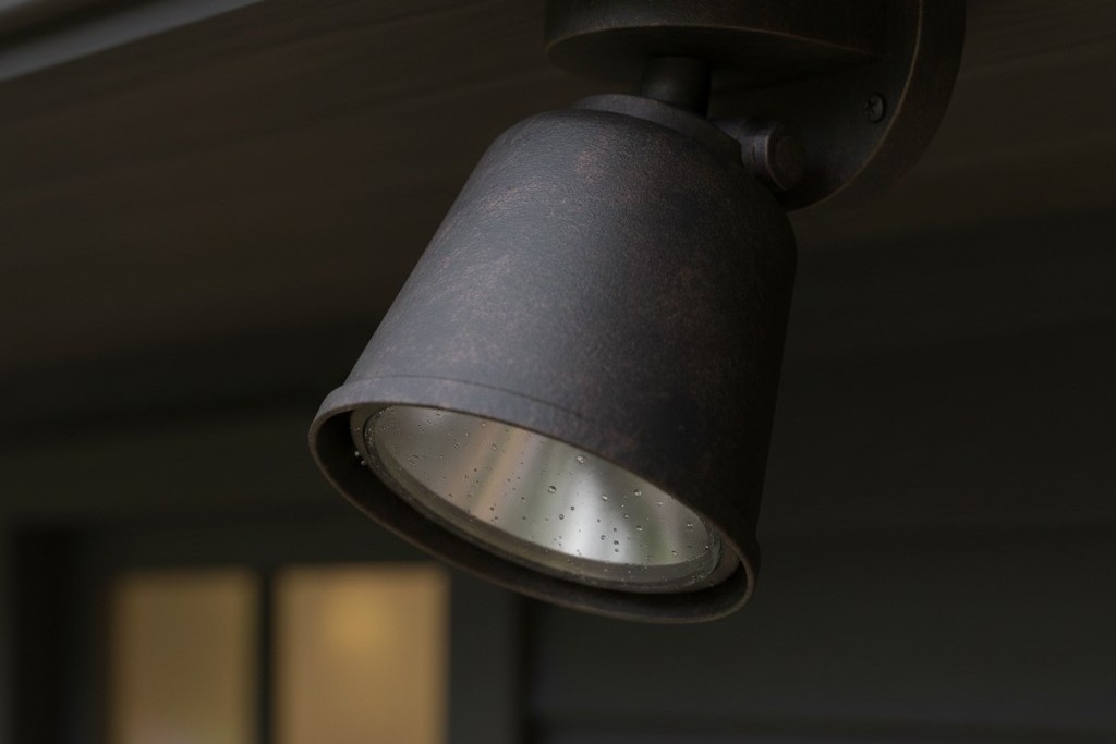 Udendørs armatur med en blændingskontrolskjold Et nærobjekt af en mørk bronze udendørs spotlight-armatur. En metalarv, eller skjold, strækker sig over linsen for at dirigere lyset nedad og forhindre, at det spreder sig til siden.