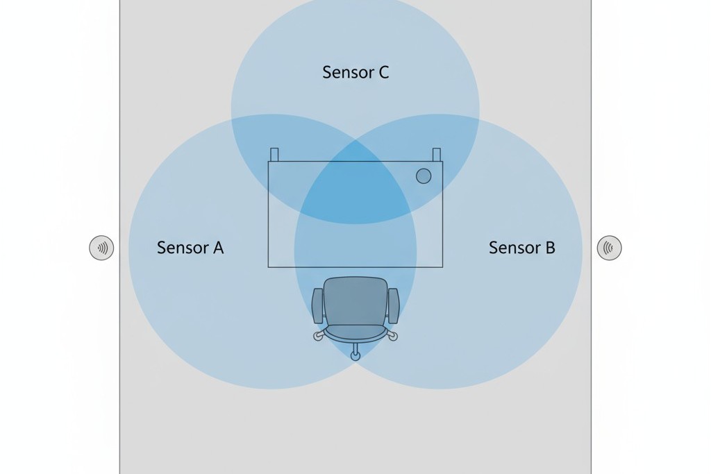 Diagrama de Cobertura de Sensores de Movimento Sobrepostos Um diagrama de cima para baixo mostrando como vários sensores de teto criam campos de detecção circulares sobrepostos, garantindo que uma área de mesa esteja sempre coberta.