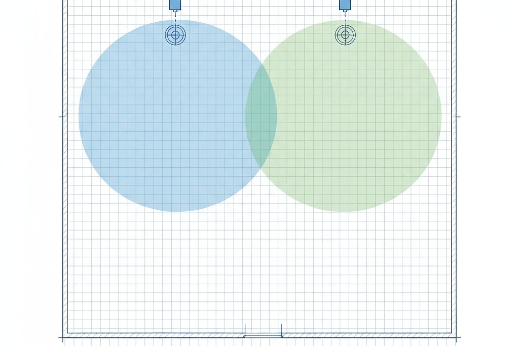 Zonas de sensores superpuestas para una cobertura completa Plano del taller visto desde arriba que muestra dos sensores de movimiento con sus zonas de detección circulares superpuestas para eliminar brechas.