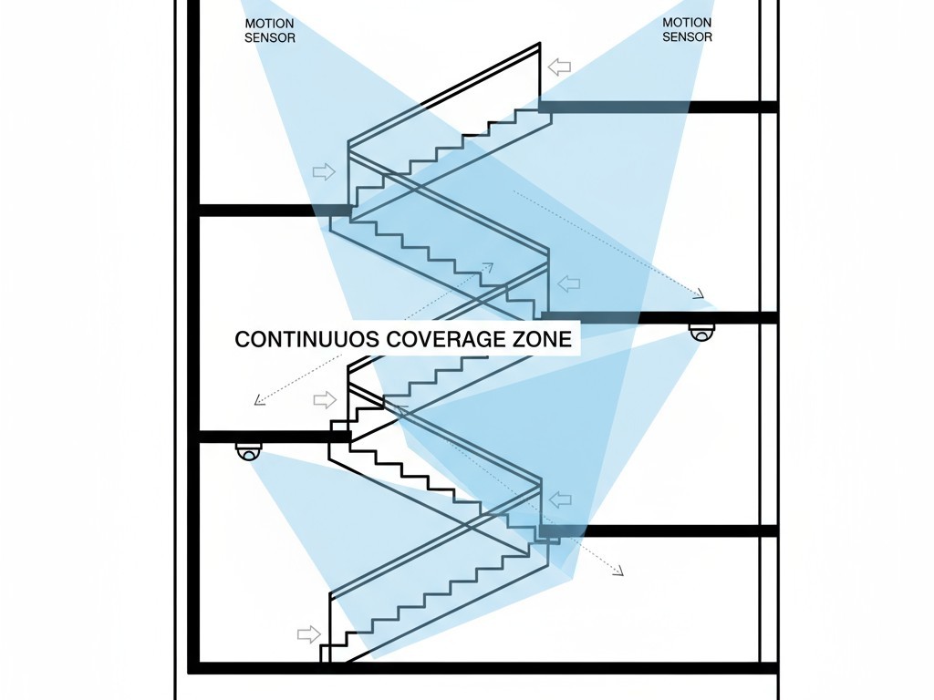 Diagram van overlappende sensorgebieden voor continue dekking Een diagram dat laat zien hoe je bewegingssensoren correct plaatst in een traphuis met meerdere verdiepingen om overlappende detectiegebieden te creëren voor continue verlichting.