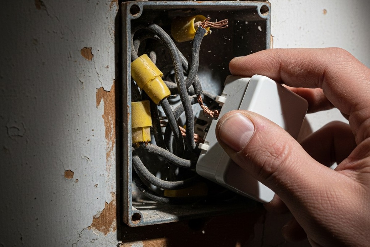 An electrician's hands struggle to push a large white smart dimmer into a shallow metal electrical box overflowing with stiff, cloth-covered wires and bulky connectors.