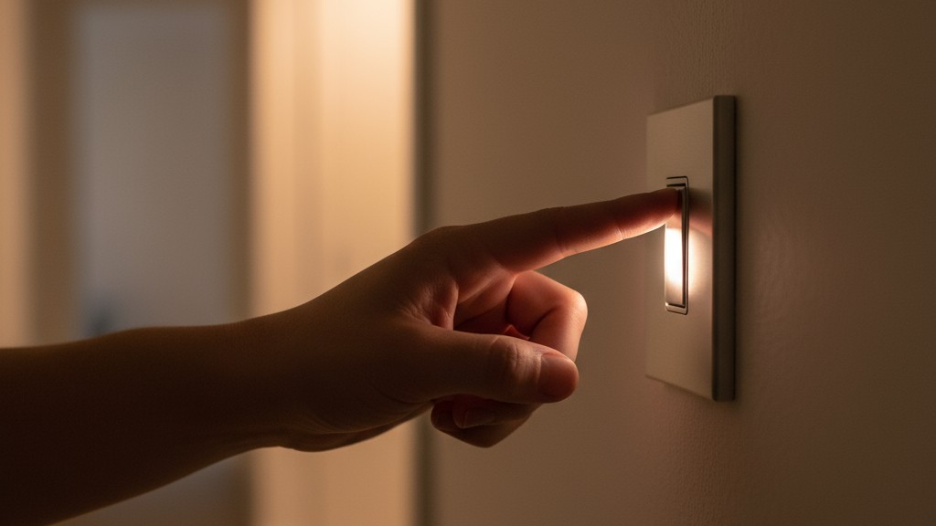 Tangan orang tua dengan lembut memutar saklar lampu modern, memancarkan cahaya lembut dan hangat ke seluruh koridor di malam hari.