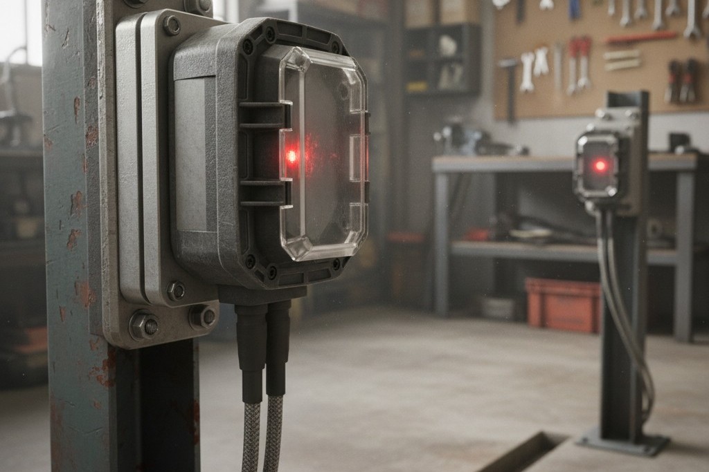 Reliable Perimeter Safety Beam Sensors A pair of infrared safety sensors, like those used for a garage door, are mounted on either side of a doorway, creating an invisible tripwire.