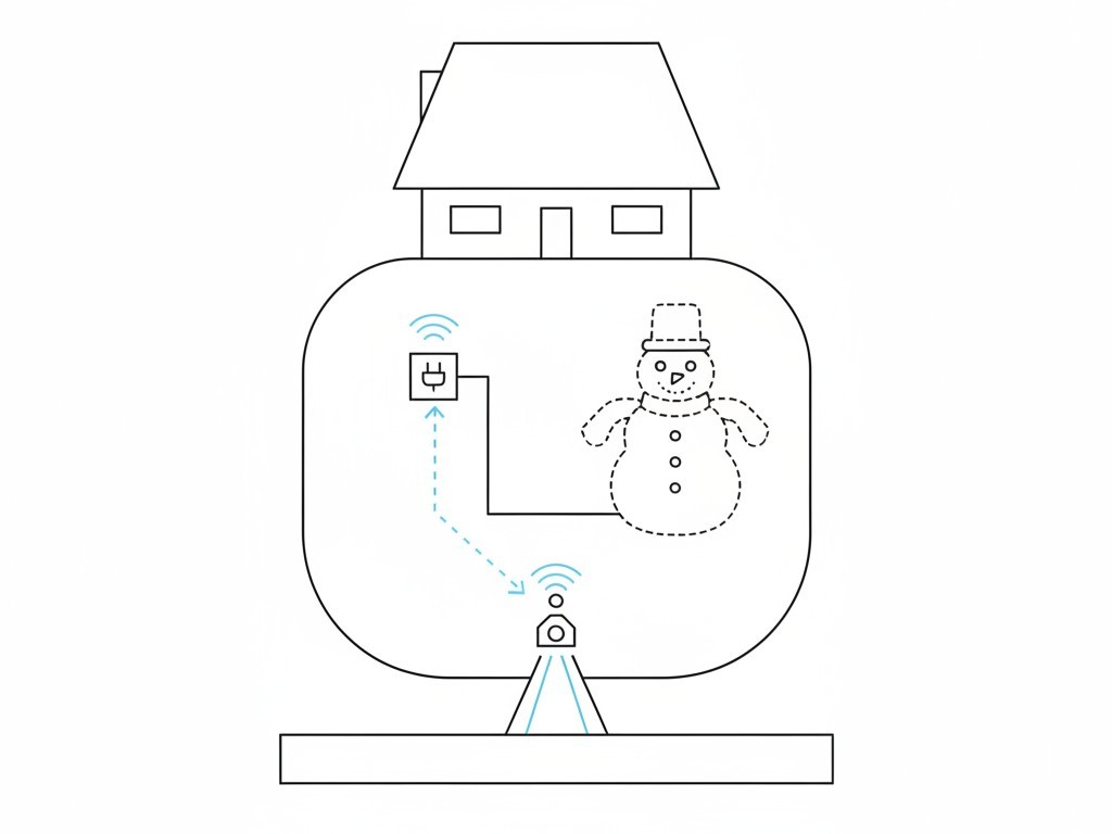 Diagram of Perimeter Sensor Placement for Holiday Decor A diagram showing a house with an inflatable on the lawn and a motion sensor placed far away at the start of the walkway to provide early detection.