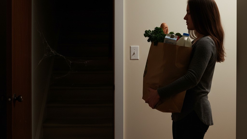 Een persoon met twee grote papieren boodschappentassen staat bovenaan een donker trapgat, niet in staat om de schakelaar op de muur te bereiken.