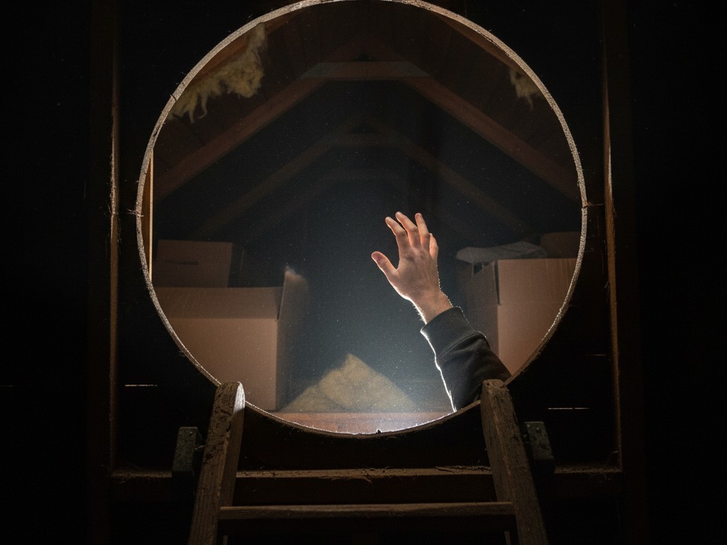 Karanlık Bir Çatı Katına Merdivenle Çıkmak Bir merdivenden yukarı çıkan bir ilk şahıs perspektifi, çatı katının tamamen kara açmasına bakar, bir el çekiş ipine doğru uzanmıştır.