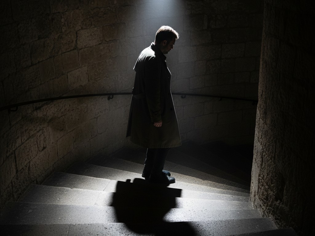 Een persoon die via de trap naar beneden loopt, wordt door zijn lichaam geblokkeerd door het bovenlicht, waardoor een grote, donkere schaduw direct op de treden valt.