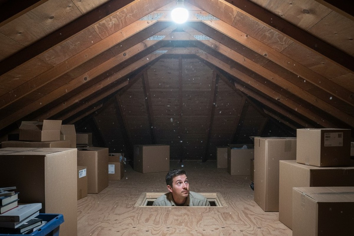 A person climbs a ladder through a hatch into a residential attic, which is already fully illuminated by an overhead light with a motion sensor.