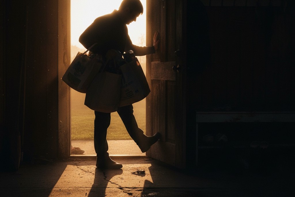 Pessoa com Sacolas de compras lutando em um mureiro escuro Uma pessoa vista de trás está carregada com sacolas de compras e tentando entrar em uma sala escura, incapaz de alcançar facilmente o interruptor de luz.
