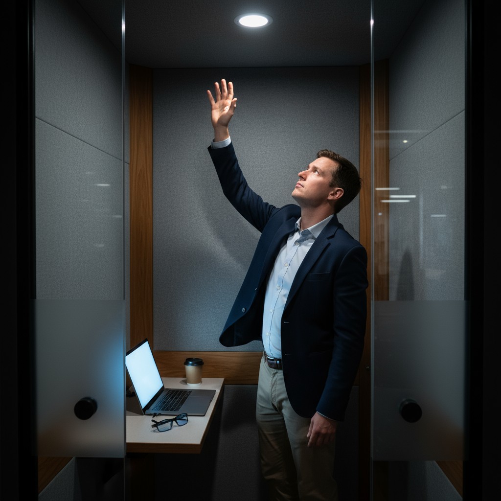 ความหงุดหงิดจากเซ็นเซอร์ตรวจจับความเคลื่อนไหวล้มเหลว มืออาชีพคนหนึ่งนั่งอยู่ในห้องโทรศัพท์ในออฟฟิศมืด ๆ โบกแขนด้วยความหงุดหงิดเพื่อเปิดไฟอีกครั้ง