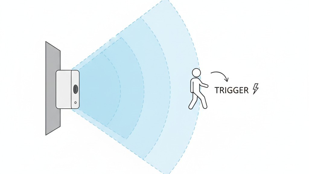 A diagram showing how a PIR sensor projects invisible, fan-shaped zones to detect movement across them.