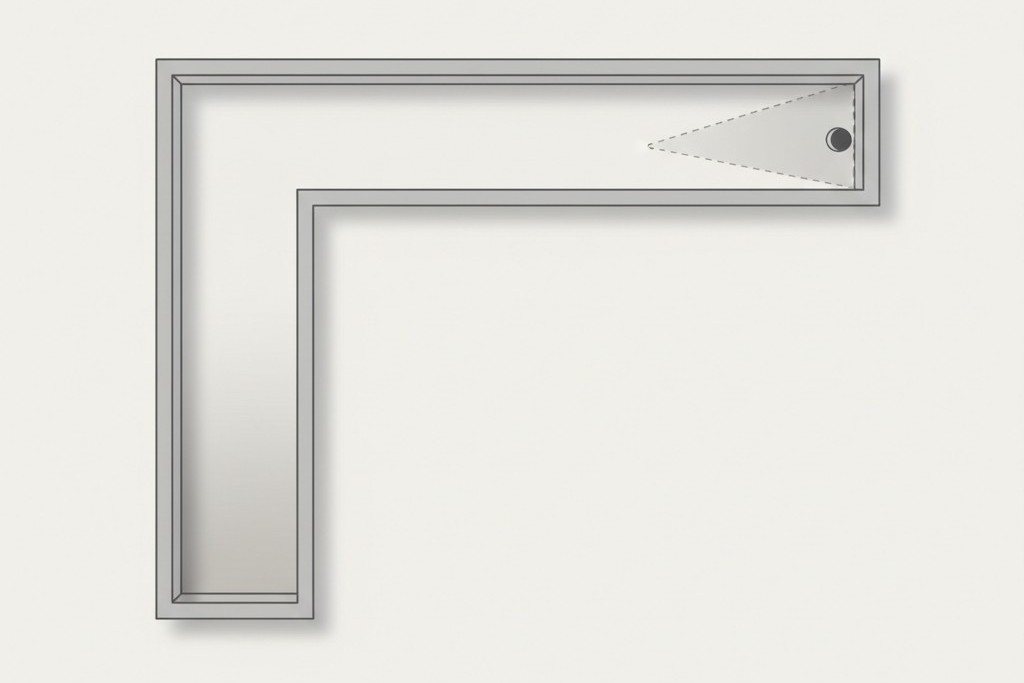 A top-down diagram of an L-shaped hallway. A motion sensor at one end casts a cone-shaped detection zone that only covers one leg, leaving the other leg in a blind spot.