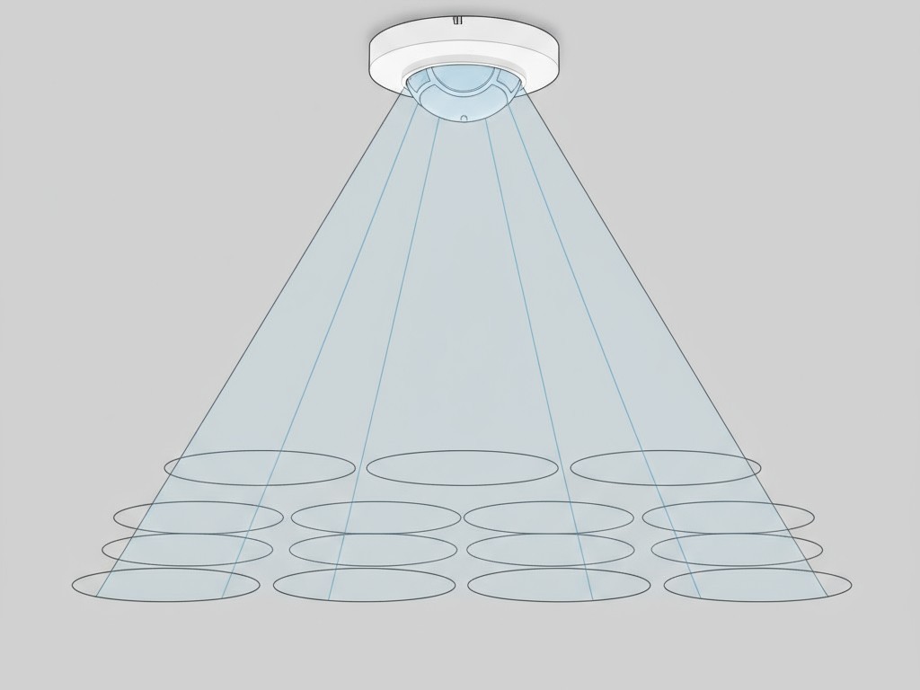 Como um Sensor PIR Divide um Espaço em Zonas Um diagrama mostrando um sensor de movimento no teto projetando uma grade de zonas de detecção invisíveis no chão.