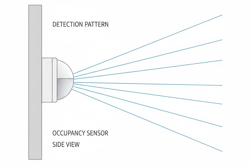 Diagrama que muestra el cono de detección en forma de abanico de un sensor PIR montado en la pared que proyecta horizontalmente a través de una habitación.