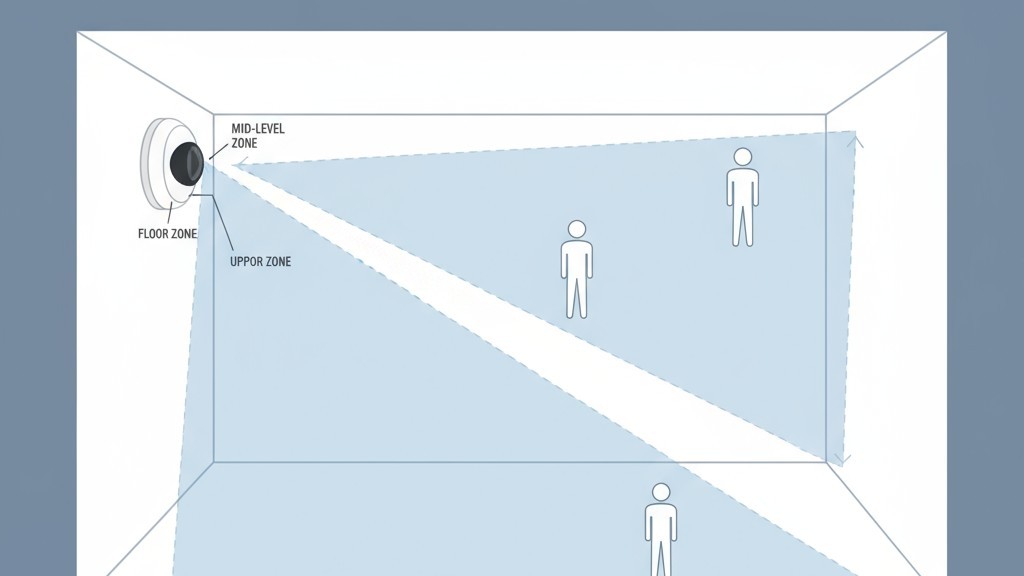วิธีที่เซ็นเซอร์ PIR แบ่งห้องออกเป็นโซนตรวจจับ ภาพวาดแสดงให้เห็นว่าเลนส์เฟรสเนลบนเซ็นเซอร์การเคลื่อนไหวสร้างกริดโซนตรวจจับแบบมองไม่เห็นที่มีลักษณะเป็นเว้าในห้อง