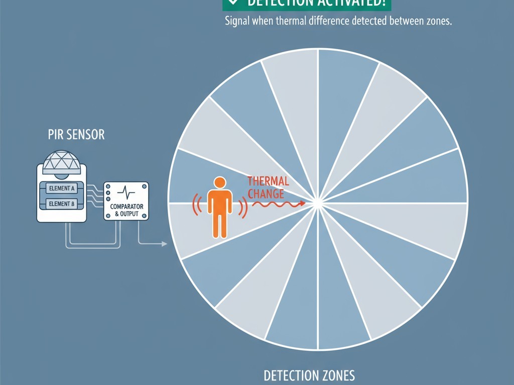เซ็นเซอร์ PIR ตรวจจับความเคลื่อนไหวอย่างไร แผนภาพแสดงกริดของโซนการตรวจจับของเซ็นเซอร์ PIR และวิธีที่มันทำงานเมื่อสัญญาณความร้อนของบุคคลเคลื่อนที่ระหว่างโซนเหล่านั้น