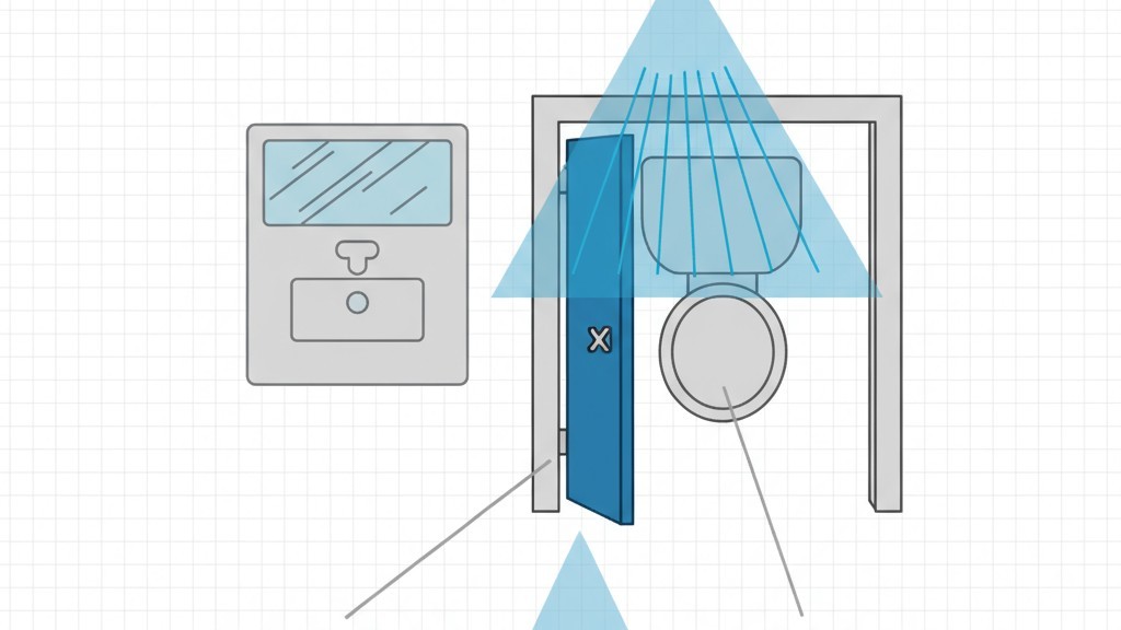 Cara Kerja Sensor Inframerah Pasif (PIR) Diagram menunjukkan sensor PIR di langit-langit kamar mandi, memancarkan kerucut deteksi yang mencakup ruang lantai terbuka tetapi diblokir oleh pintu stall.