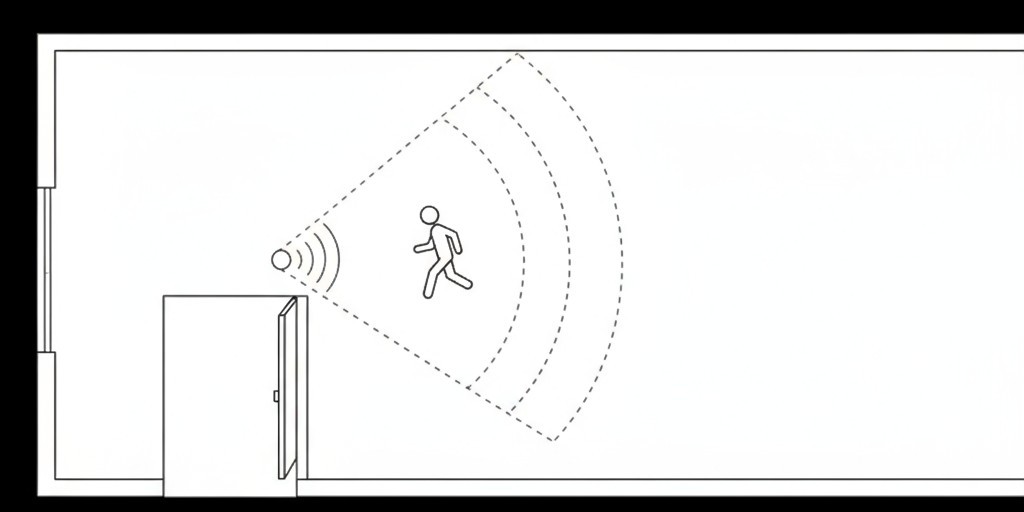 Διάγραμμα του Προβλήματος Ζώνης Ανίχνευσης Αισθητηρίου PIR Επάνω διάγραμμα που δείχνει έναν αισθητήρα κίνησης σε μια αποθήκη, ο ευρύς κωνικός ζωνάς ανίχνευσης του οποίου χύνεται έξω από την πόρτα και ενεργοποιείται λανθασμένα από άτομο στο διάδρομο.