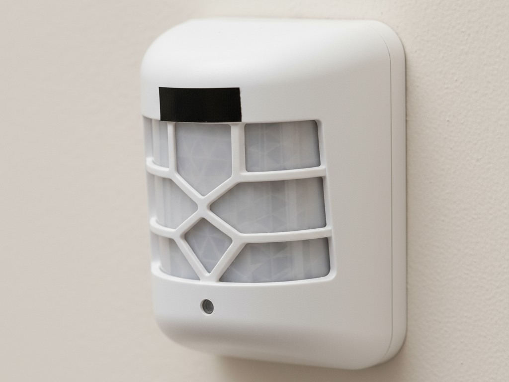 Χρησιμοποιώντας Ηλεκτρική Ταινία για Μάσκα στον Φακό ενός Αισθητηρίου Μακροφωτογραφία από τον φακό Fresnel ενός λευκού αισθητήρα κίνησης με παθητικό υπέρυθρο. Ένα μικρό, ακριβώς κομμένο κομμάτι μαύρου ηλεκτρικού μονωτικού ταινιού καλύπτει ένα από τα τμήματα του φακού για να εμποδίσει την οπτική του.