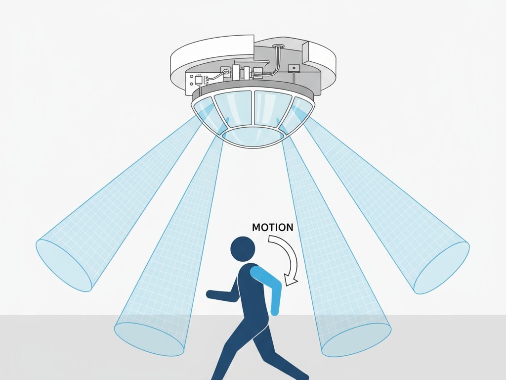 ภาพประกอบของเซ็นเซอร์ PIR บนเพดานสร้างโซนตรวจจับหลายโซนบนพื้น โดยมีคนเดินจากโซนหนึ่งไปยังอีกโซน ซึ่งเซ็นเซอร์บันทึกเป็นการเปลี่ยนแปลงของพลังงานอินฟราเรด