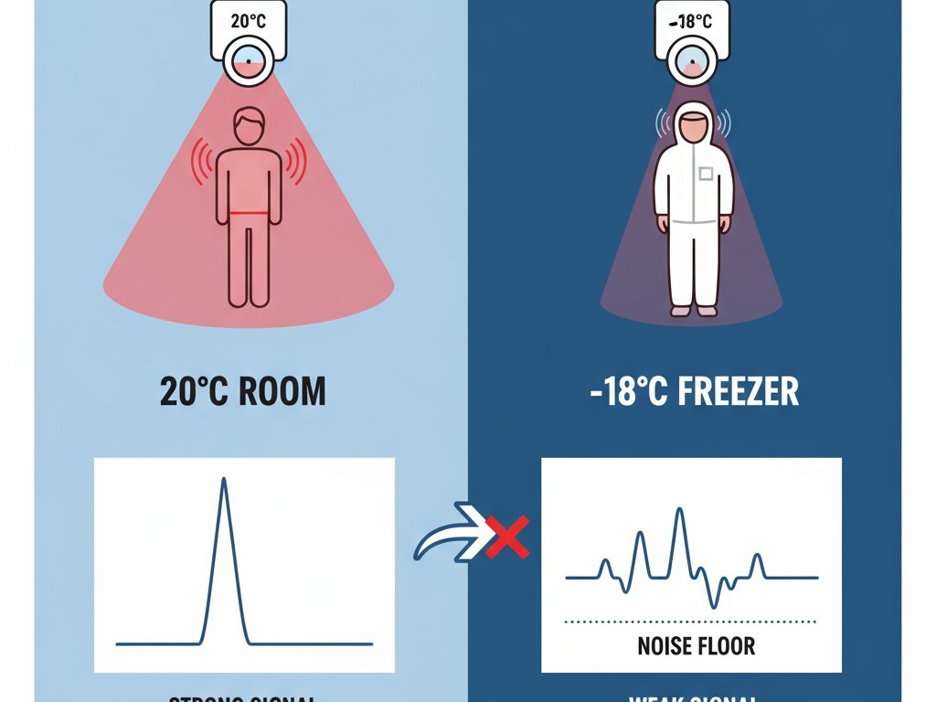 Cómo el contraste térmico afecta la detección del sensor de movimiento Un diagrama que compara la vista de un sensor PIR en una oficina cálida versus un congelador frío. En la oficina, una persona tiene una firma de calor fuerte, pero en el congelador, un trabajador con un abrigo grueso tiene una firma muy débil.