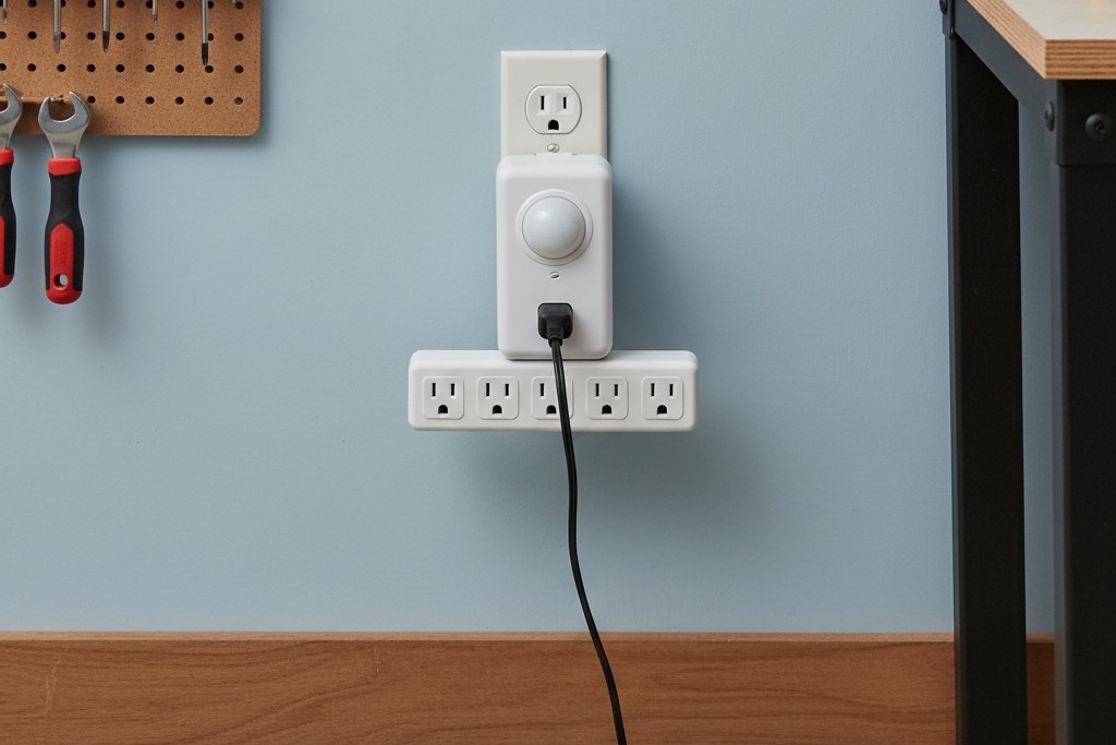 Προσαρμογέας Ρεύματος Αισθητήρα Κίνησης με Βύσμα Ένας λευκός προσαρμογέας αισθητήρα κίνησης με βύσμα είναι εισαγωγμένος σε πρίζα τοίχου, με μια πολύκαρτα μεγάλη ενεργειακή συσκευή εργασίας συνδεδεμένη στη θύρα του.