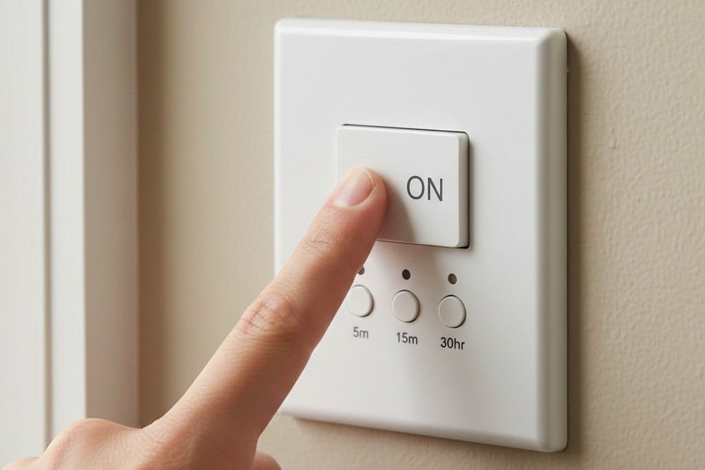 Seorang pria menekan tombol besar pada saklar timer hitung mundur putih yang dipasang di dinding. Saklar ini memiliki penandaan untuk pengaturan waktu tunda yang berbeda.