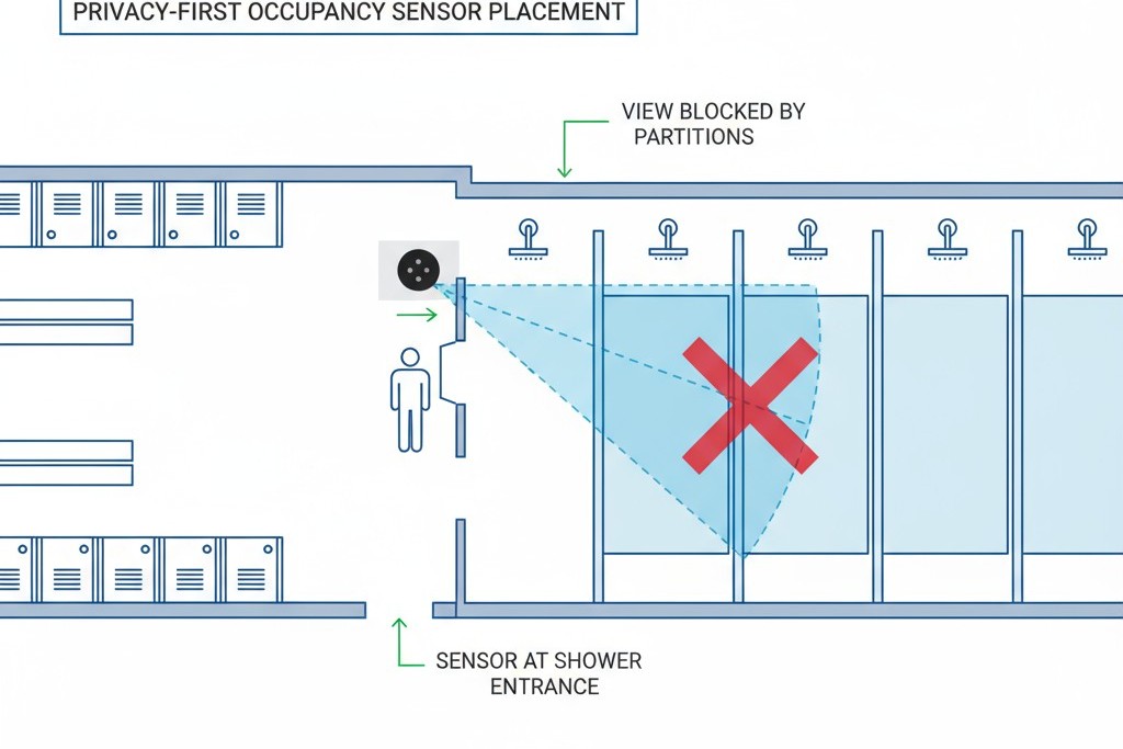 ผังวางตำแหน่งเซนเซอร์กลยุทธ์เพื่อความเป็นส่วนตัว ผังแสดงเซนเซอร์ตรวจจับการเข้าใช้งานที่ติดตั้งไว้ที่ทางเข้าโซนฝักบัว โดยมีการบล็อกมุมมองเพื่อไม่ให้มองเห็นด้านในของคอก